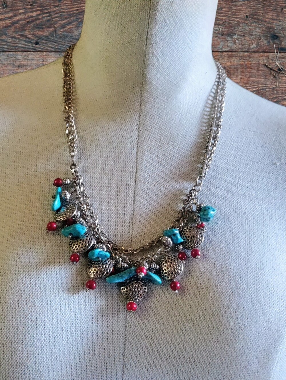 Turquoise and Red Statement Bib Necklace